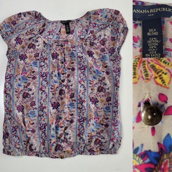 SILK BLEND BANANA REPUBLIC BLUE PURPLE FLORAL CAP SLEEVE PEASANT TOP S SMALL - Picture 1 of 4